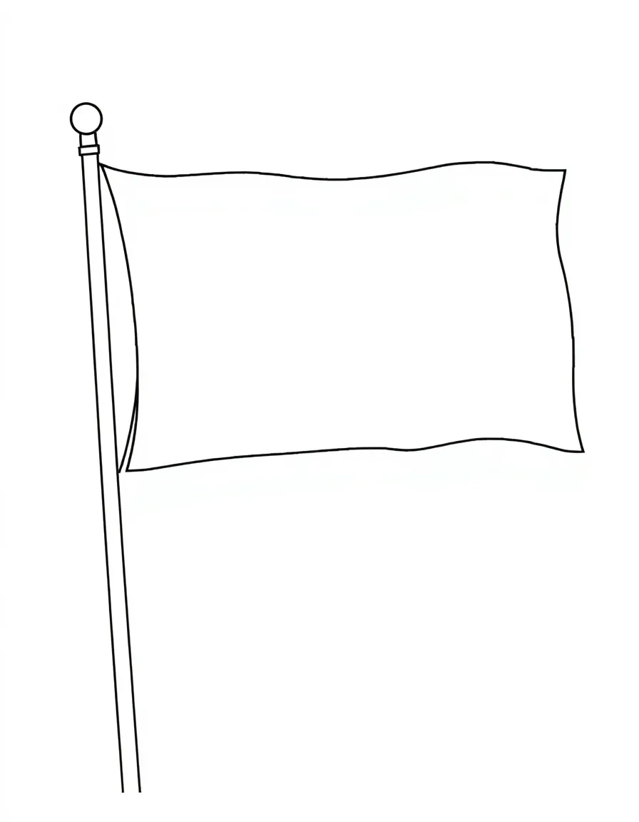 "My personal flag" coloring page. A blank flag pole with a large rectangular flag for designing their own symbol and colors. Include wind lines. Black and white line art.
