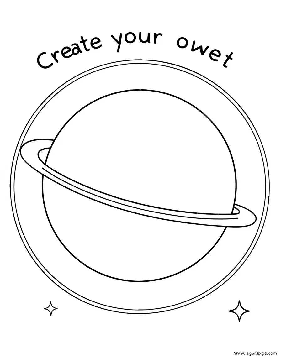 "Create your own planet" coloring page. A blank planet outline with rings or moons, and spaces to draw features and name it. Include stars. Black and white line art.
