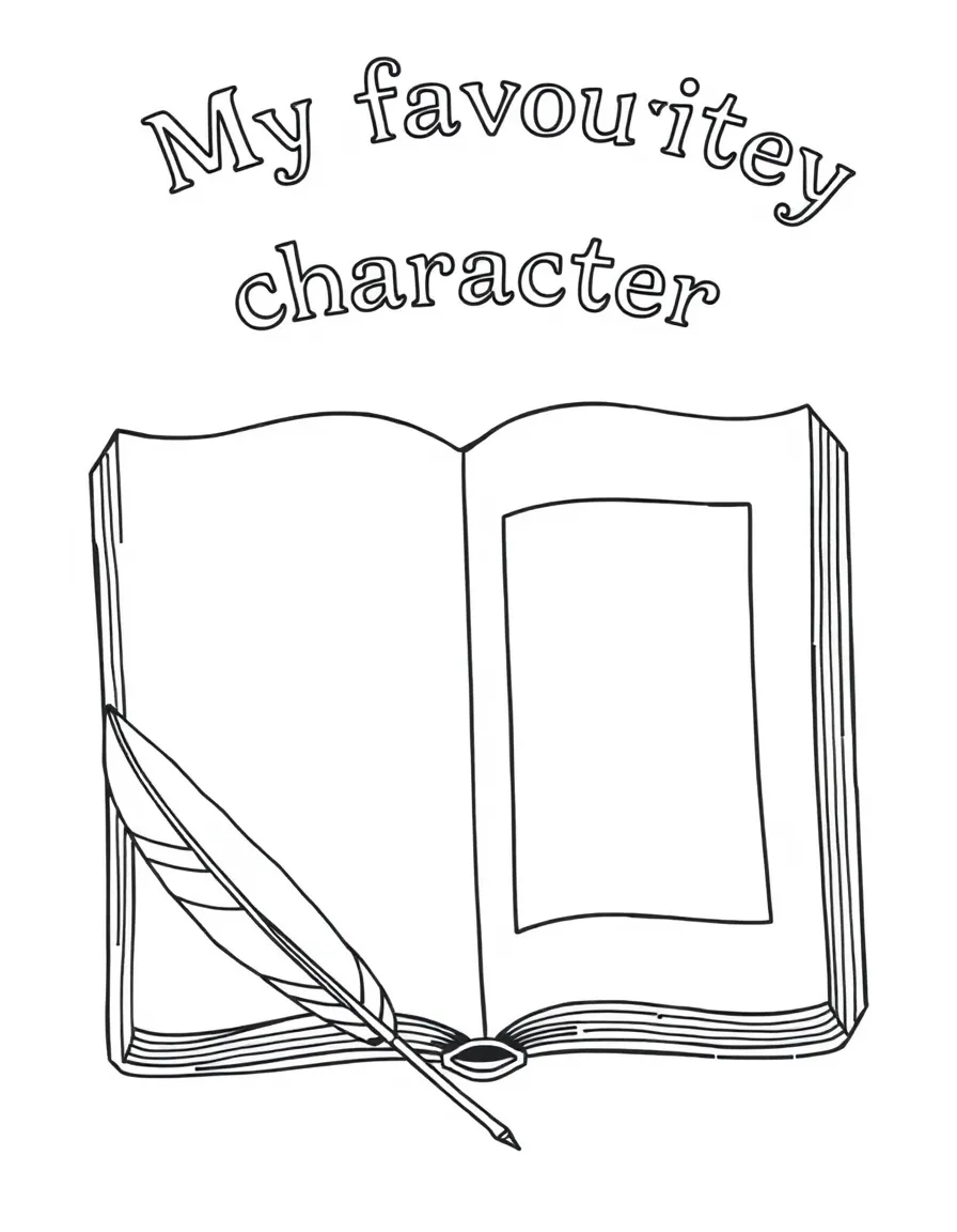 "My favorite story character" coloring page. A blank book with a large frame on the page to draw a character and write about them. Include a quill. Black and white line art.
