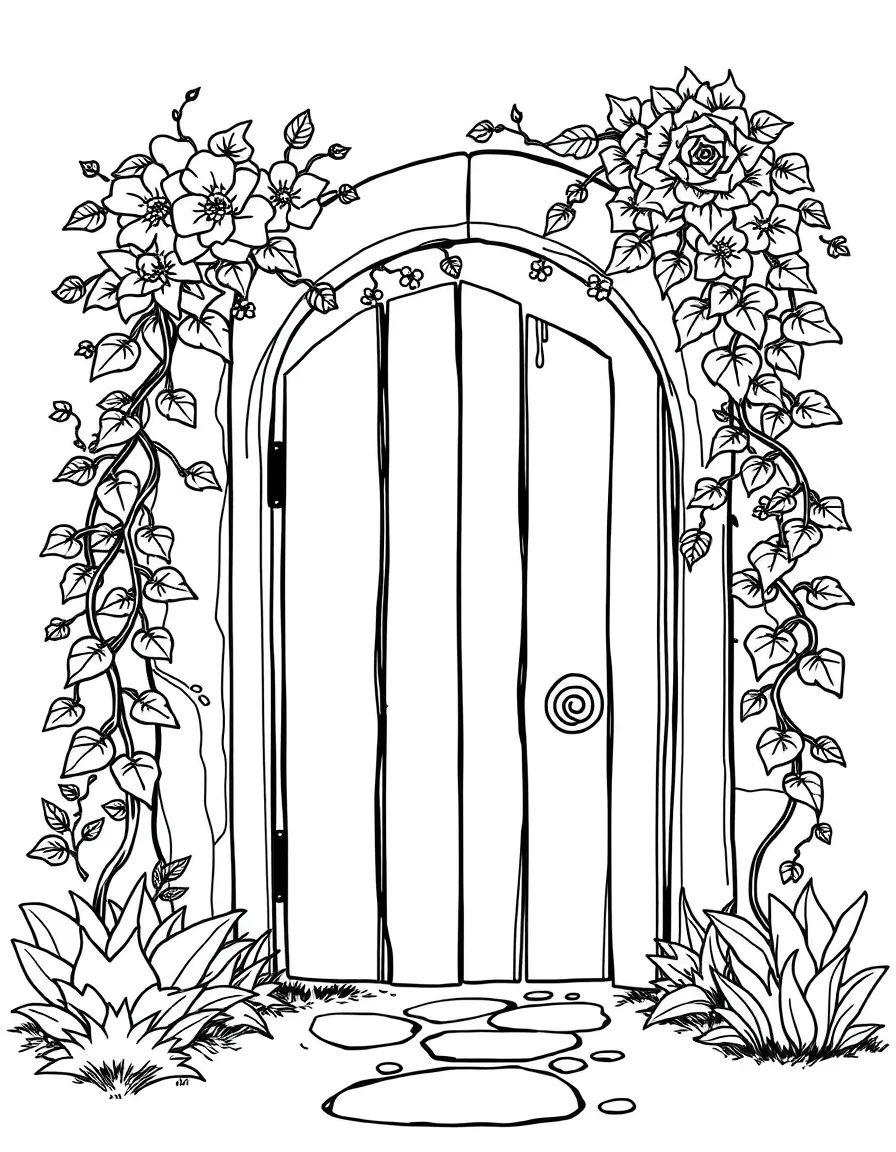 "My secret garden" coloring page. A blank gate leading into a garden, with spaces to draw plants, creatures, and secrets. Include vines. Black and white line art.