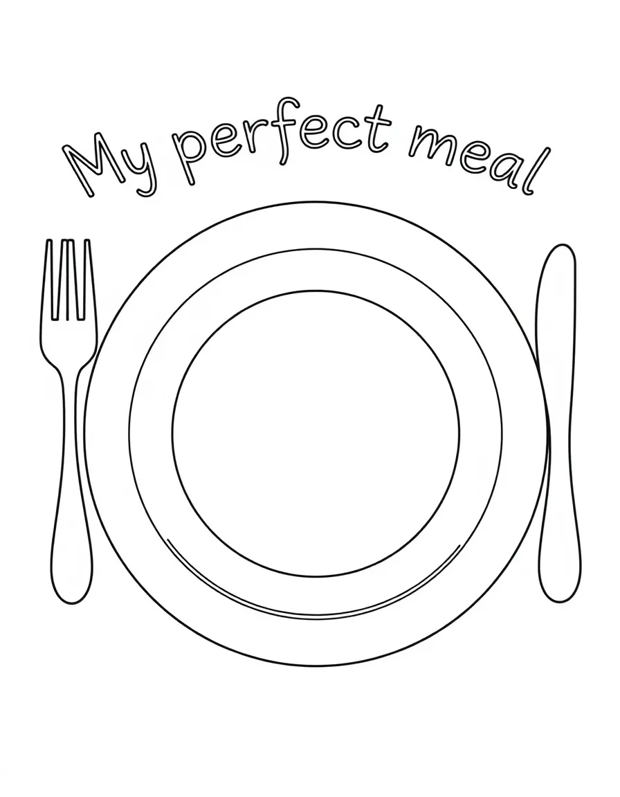 "My perfect meal" coloring page. A blank plate with spaces to draw and write about their favorite foods. Include cutlery. Black and white line art.