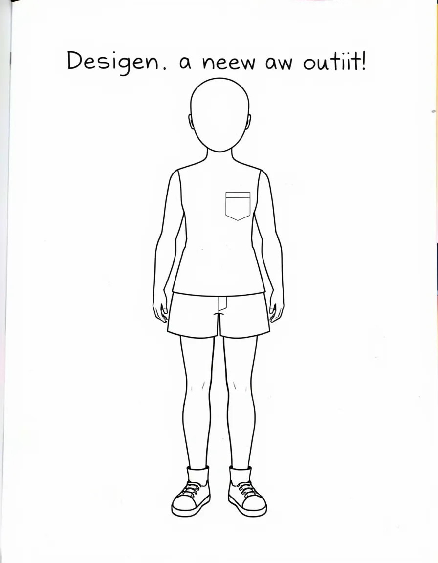 "Design a new outfit" coloring page. A blank mannequin or child outline with spaces to draw and describe a unique clothing design. Include sewing patterns. Black and white line art.