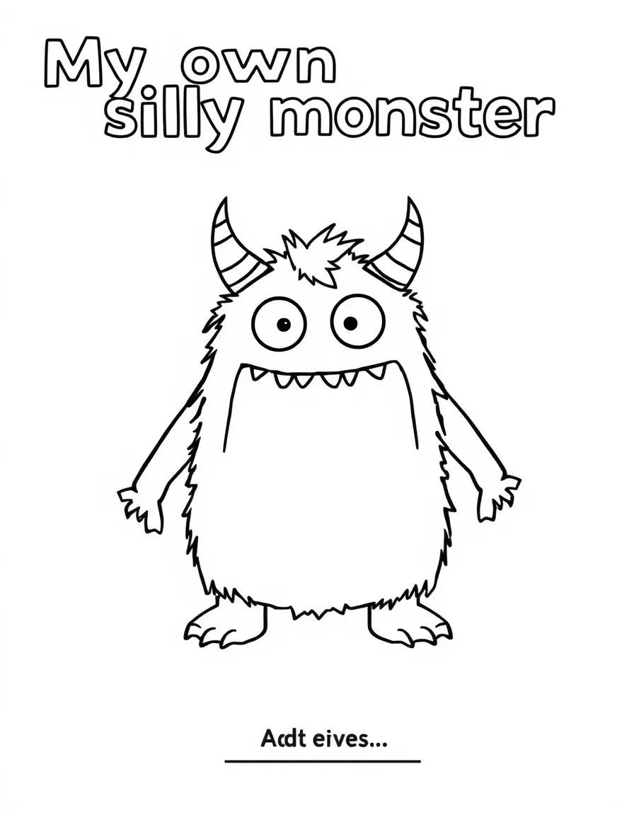 "My own silly monster" coloring page. A blank monster outline with spaces to add eyes, horns, and a name. Include a silly expression. Black and white line art.
