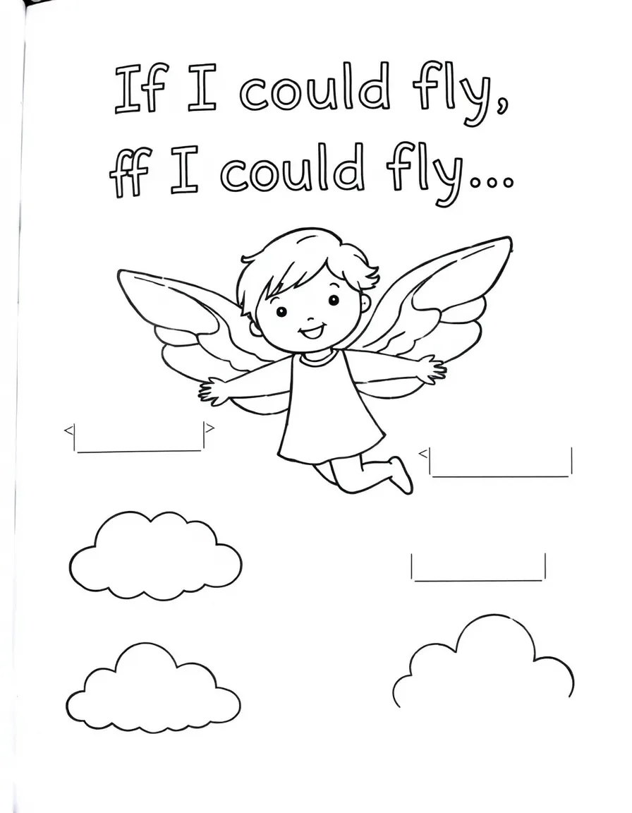 "If I could fly..." coloring page. A child floating with wings, with blank spaces to describe where they would go and what they would see. Include clouds. Black and white line art.