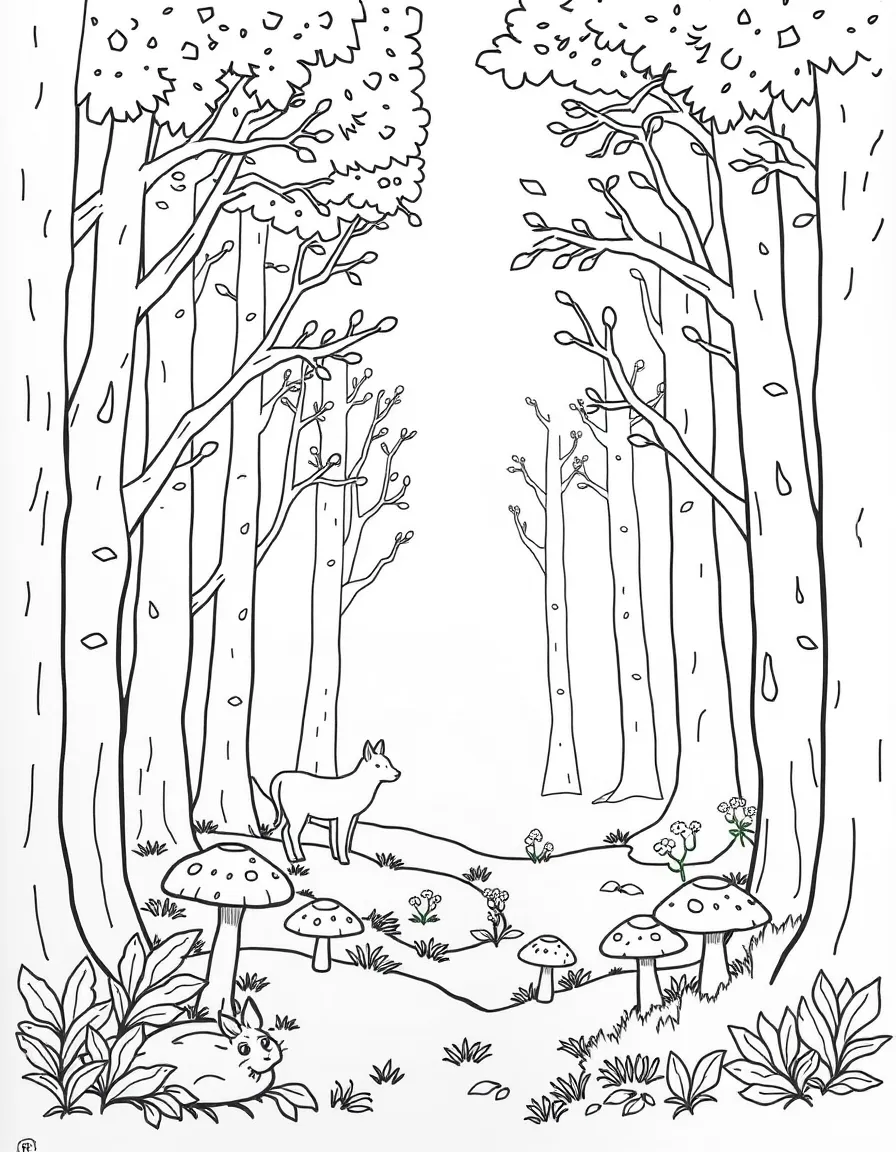 "A day in the forest" coloring page. A forest scene with blank trees, animals, and spaces to describe what they would do there. Include mushrooms. Black and white line art.