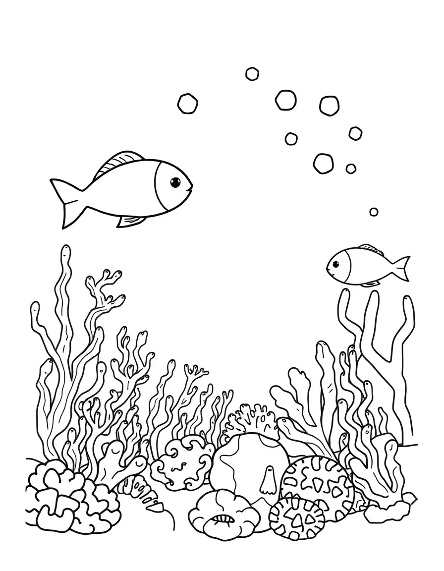 "Under the sea adventure" coloring page. An underwater scene with blank fish, coral, and spaces to imagine sea creatures. Include bubbles. Black and white line art.