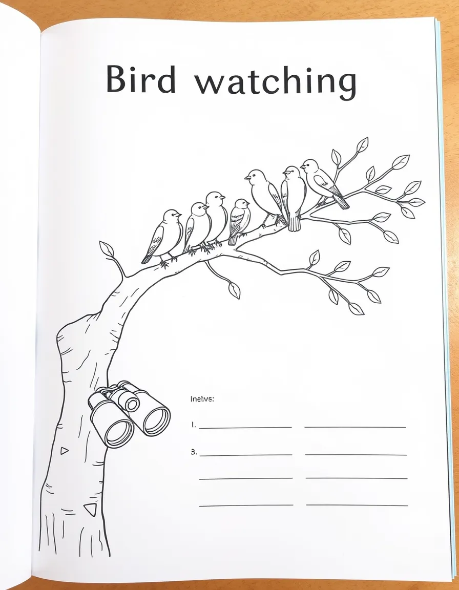 "Bird watching" coloring page. A tree branch with blank birds, and spaces to identify types or colors of birds they see. Include binoculars. Black and white line art.