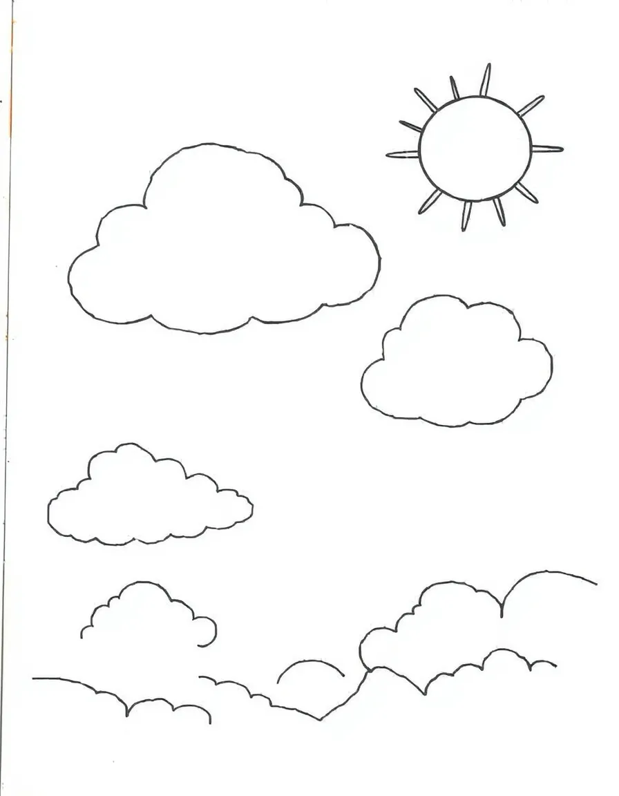 "Cloud gazing" coloring page. A blank sky with large cloud shapes, and spaces to draw what shapes they see in the clouds. Include a sun. Black and white line art.