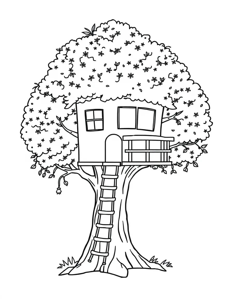 "My dream treehouse" coloring page. A blank tree outline with spaces to design and draw a treehouse. Include rope ladder. Black and white line art.