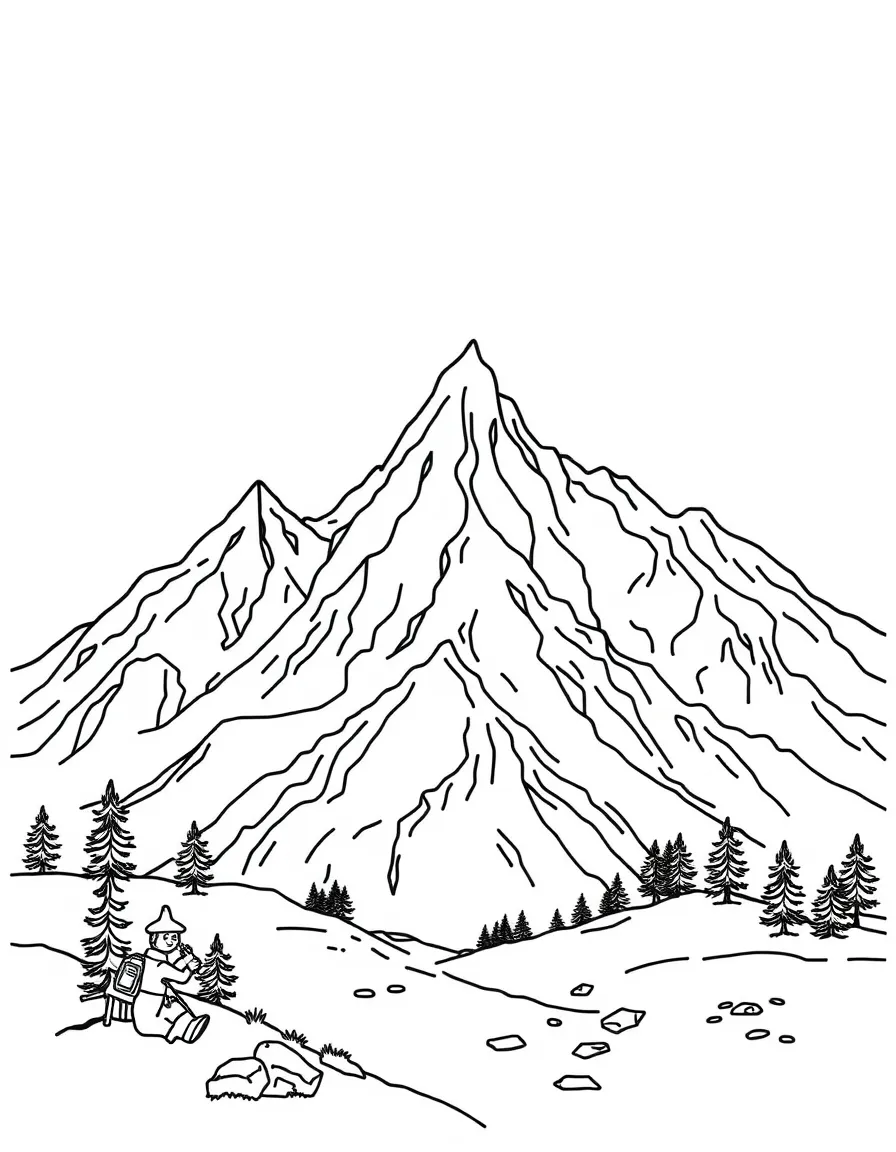 "Exploring the mountains" coloring page. A mountain range with blank trails or peaks, and spaces to draw or write about an adventure. Include an explorer. Black and white line art.