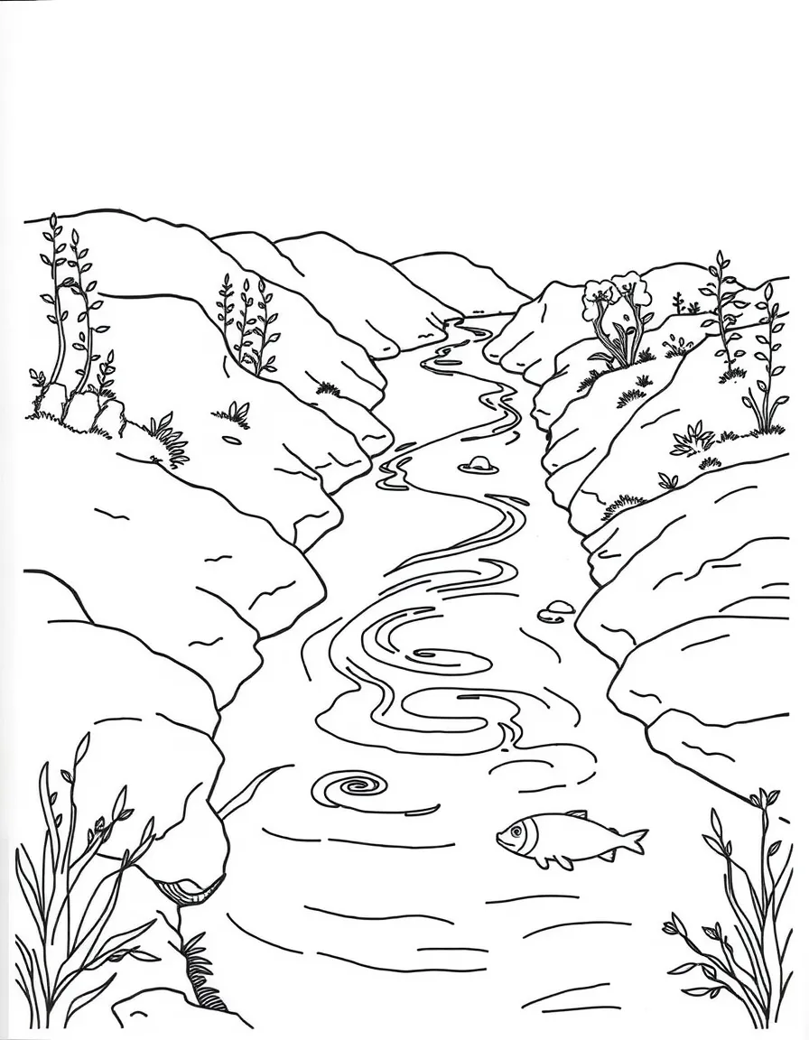 "The river's journey" coloring page. A winding river with blank banks, and spaces to draw animals or plants found along the river. Include fish. Black and white line art.