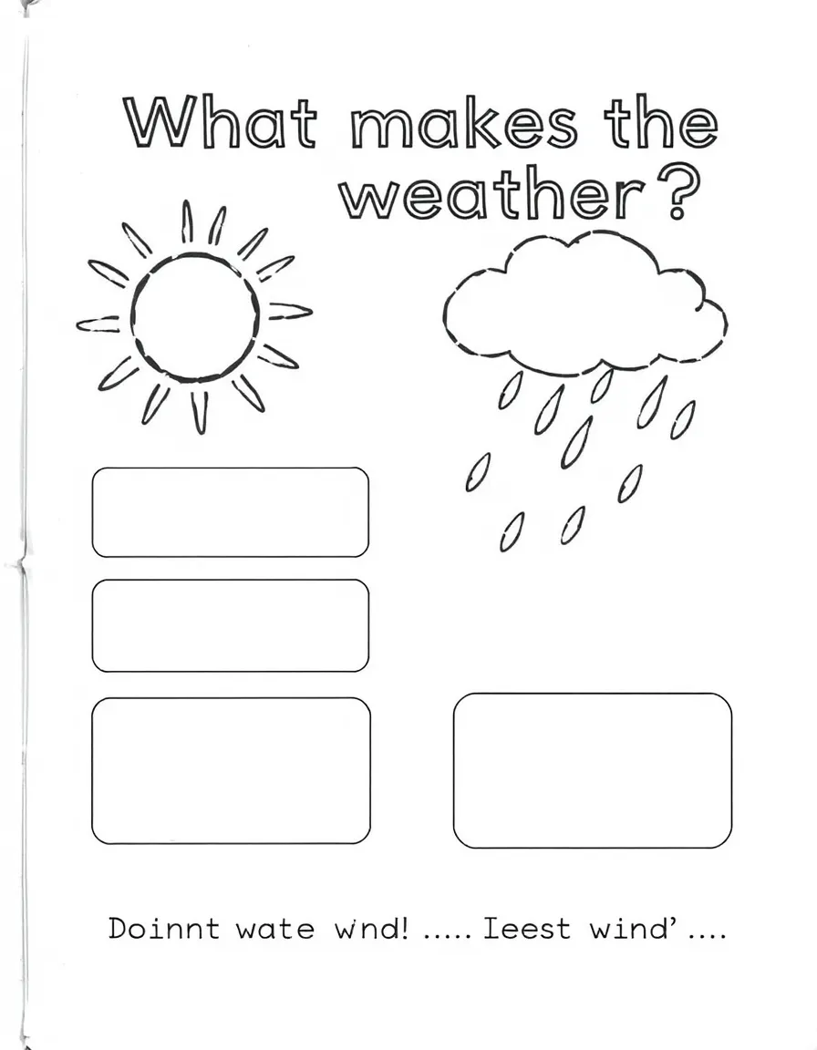 "What makes the weather?" coloring page. Outlines of sun, cloud, rain, snow, with blank spaces to draw or describe what weather they like. Include wind. Black and white line art.