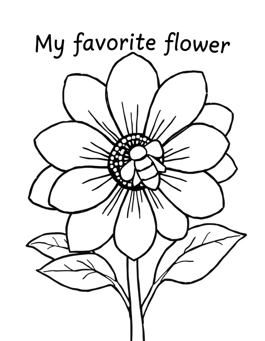 "My favorite flower" coloring page. A large blank flower outline with spaces to draw petals, leaves, and name it. Include a bee. Black and white line art.