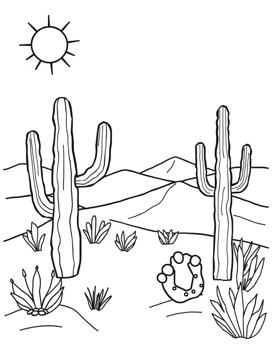 "Life in the desert" coloring page. A desert scene with blank cacti, sand dunes, and spaces to draw desert animals. Include a sun. Black and white line art.