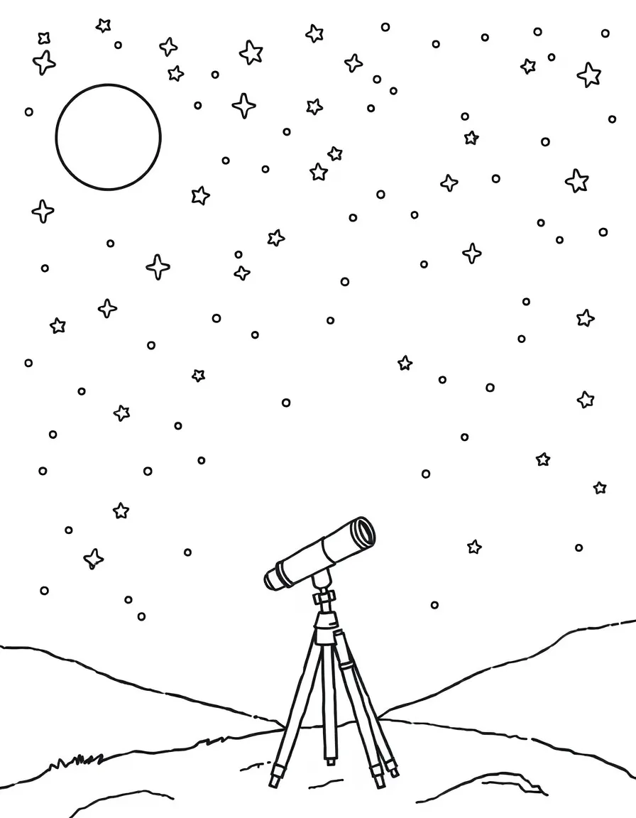 "The night sky" coloring page. A blank night sky with stars, moon, and spaces to draw constellations or planets. Include a telescope. Black and white line art.