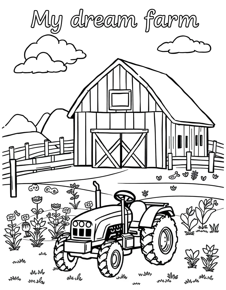 "My dream farm" coloring page. A blank farm scene with barn, fence, and spaces to draw animals and crops. Include a tractor. Black and white line art.