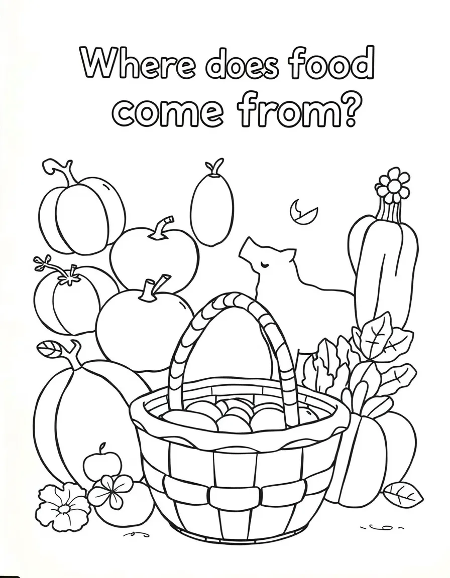 "Where does food come from?" coloring page. Outlines of fruits, vegetables, or farm animals, with blank spaces to draw how they grow. Include a basket. Black and white line art.