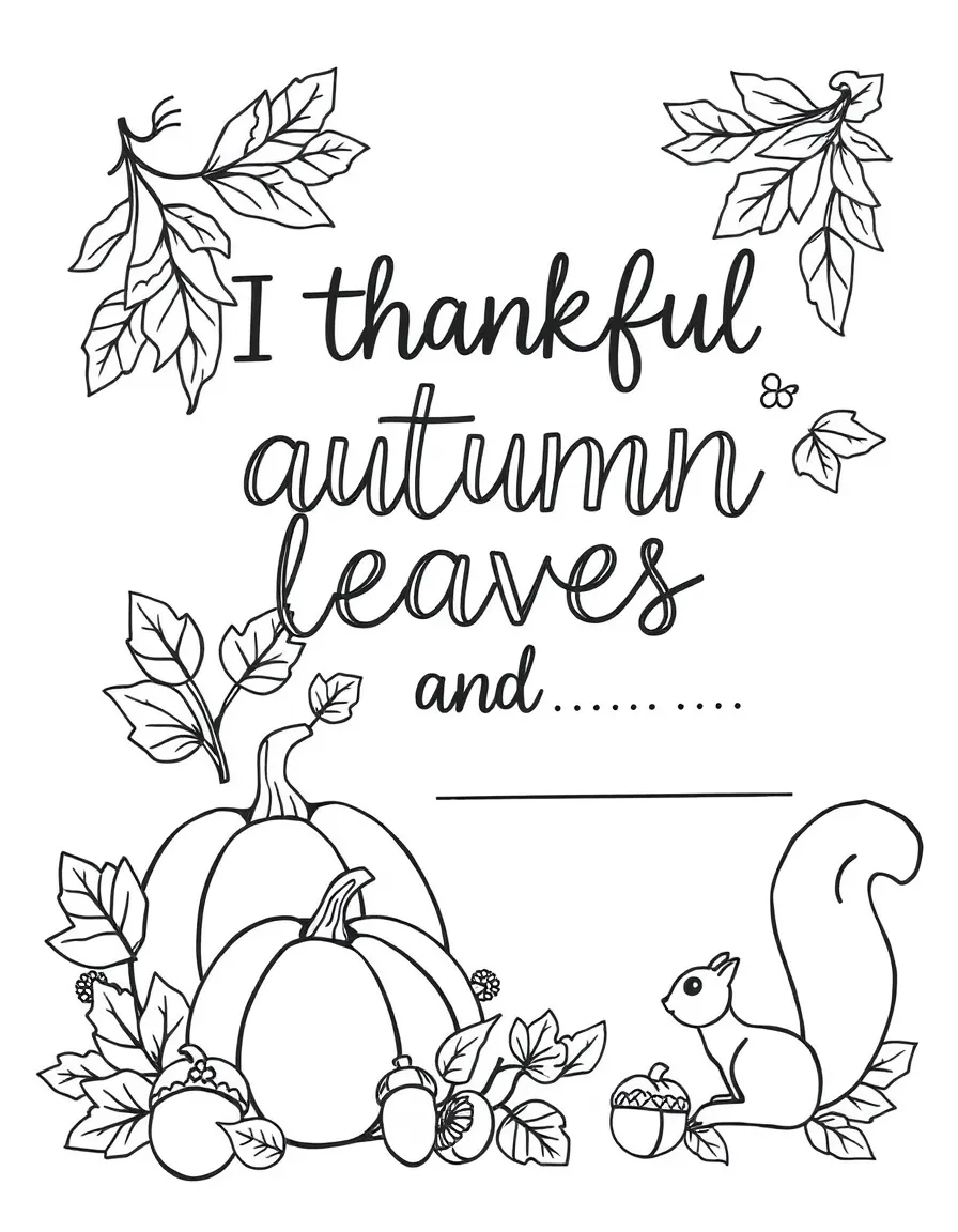 Hand-drawn **Autumn** gratitude coloring page with "I'm thankful for autumn leaves and..." text and blank lines. Include pumpkins, acorns, squirrels. Black and white line art.