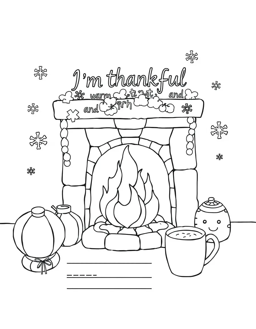 **Winter** gratitude coloring page. A cozy scene with fireplace, "I'm thankful for warmth and..." text and blank lines. Include snowflakes, hot cocoa. Black and white line art.