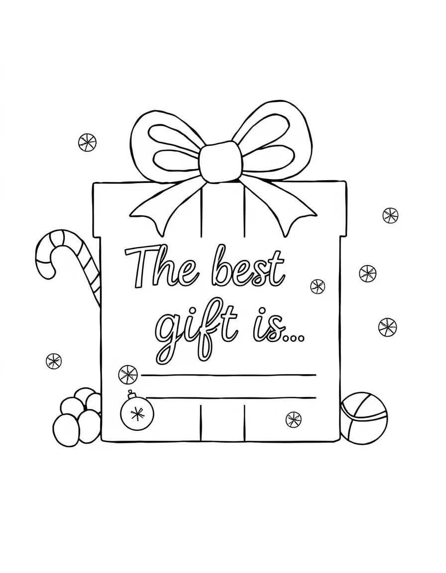 **Christmas** gratitude coloring page. A present outline with "The best gift is..." text and blank lines. Include candy canes, ornaments. Black and white line art.