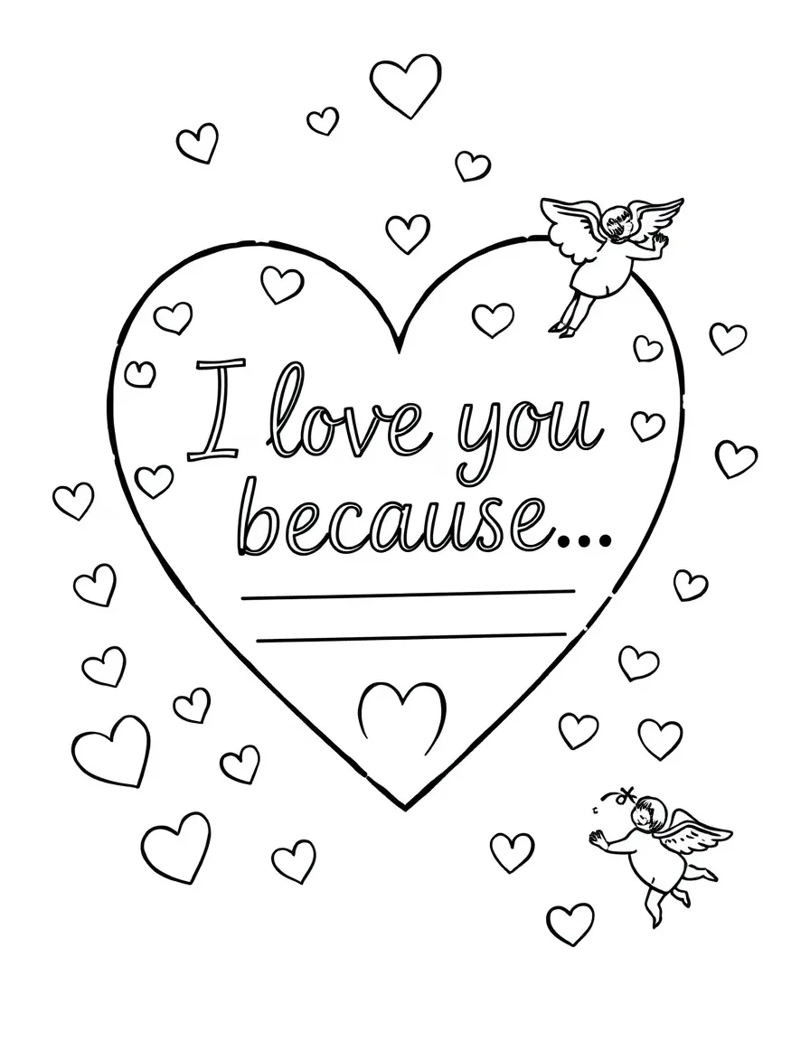 **Valentine's Day** gratitude coloring page. A big heart with "I love you because..." text and blank lines. Include smaller hearts, cupids. Black and white line art.