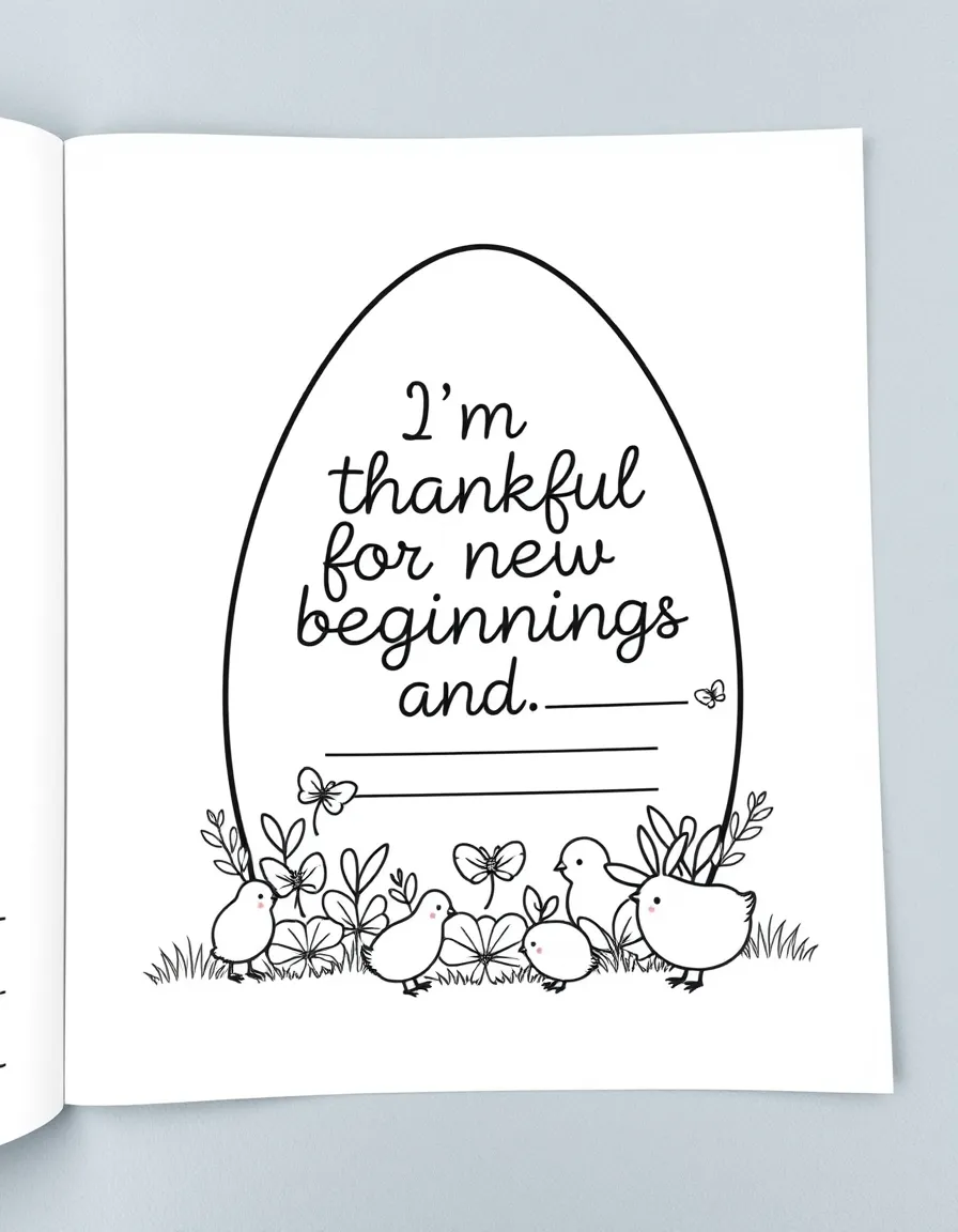 **Easter** gratitude coloring page. An Easter egg outline with "I'm thankful for new beginnings and..." text and blank lines. Include bunnies, chicks. Black and white line art.