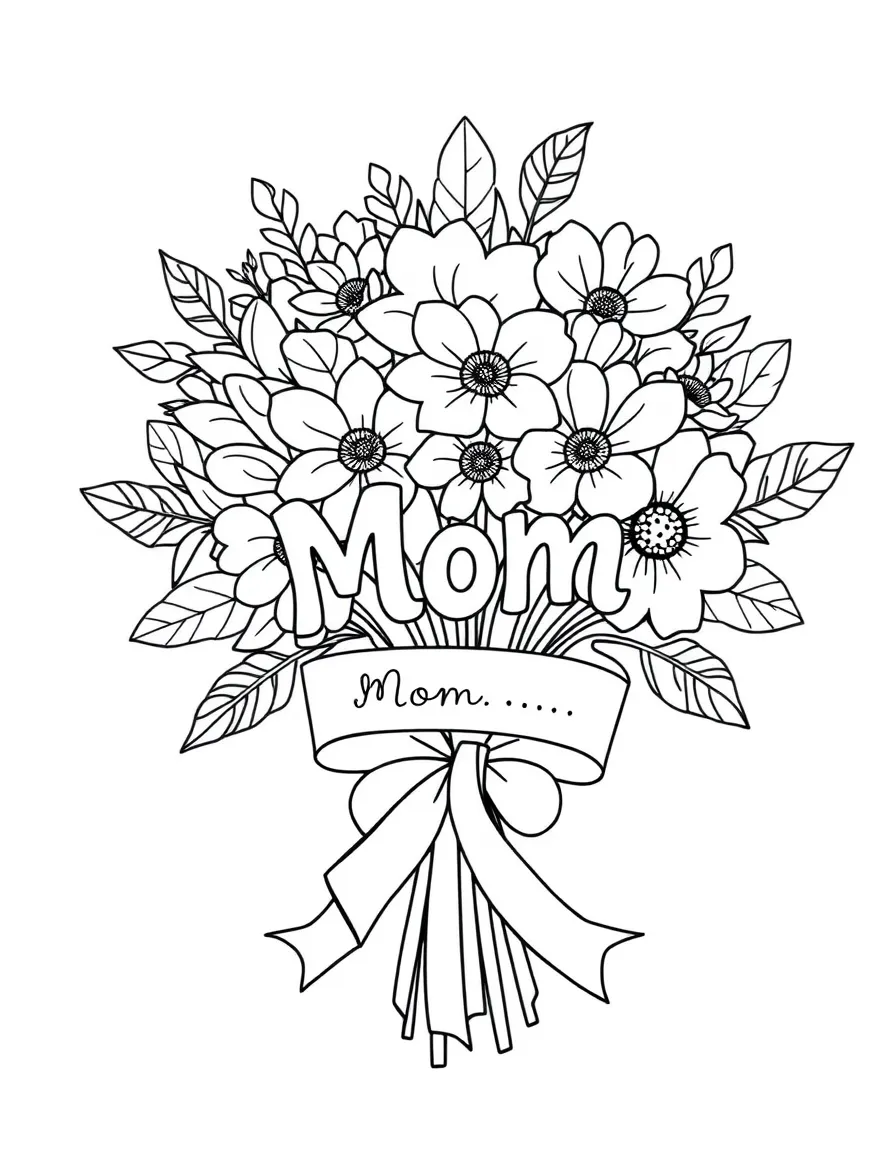 **Mother's Day** gratitude coloring page. A bouquet of flowers with "Thank you, Mom, for..." text and blank lines. Include ribbons, leaves. Black and white line art.
