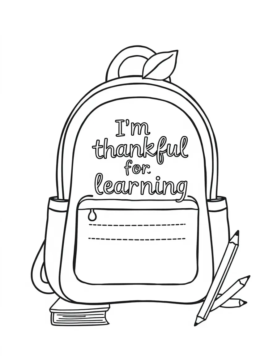 **Back to School** gratitude coloring page. A backpack or apple with "I'm thankful for learning and..." text and blank lines. Include books, pencils. Black and white line art.