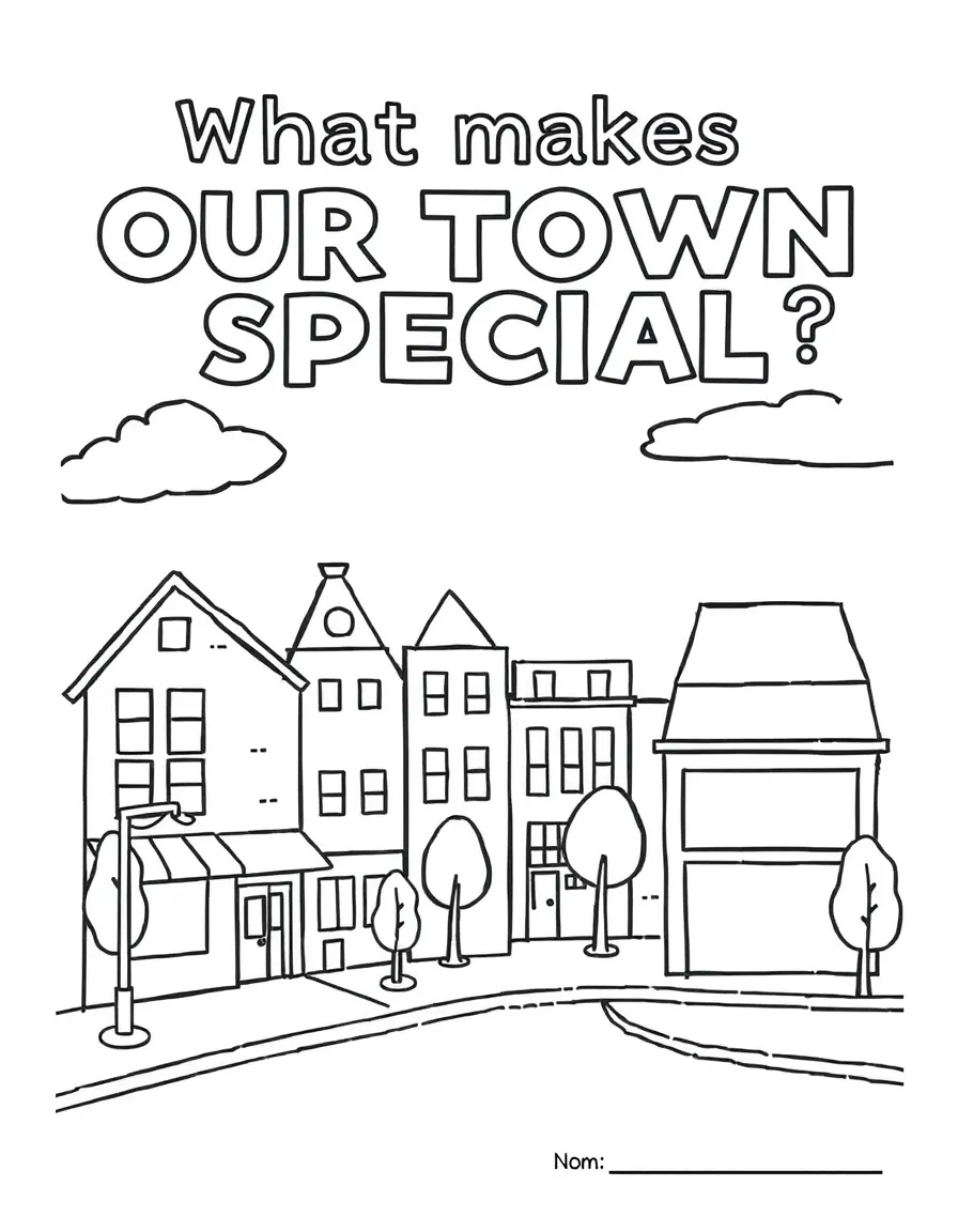 "What makes our town special" coloring page. A simple town scene with blank buildings or landmarks, and spaces to draw or write about unique features. Black and white line art.