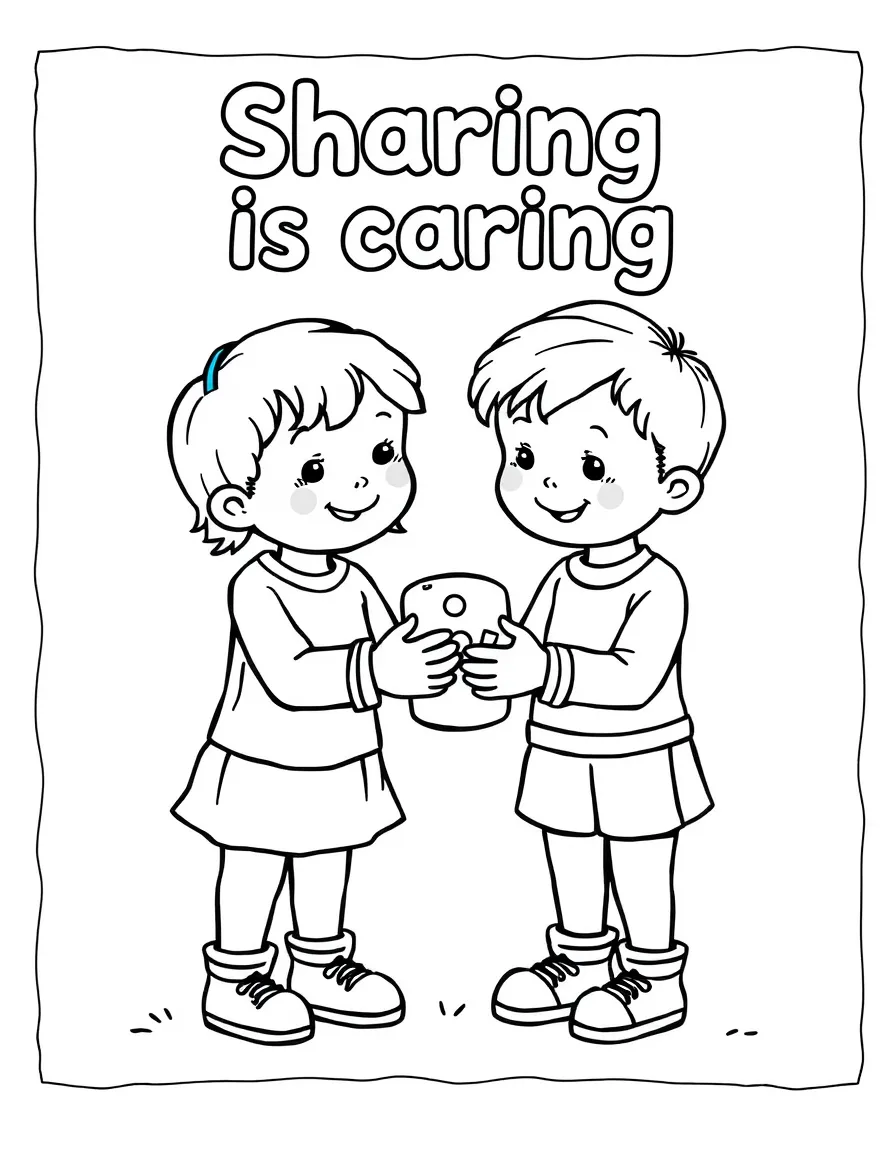 "Sharing is caring" coloring page. Two children sharing a toy or food, with blank speech bubbles or lines for what they share. Include a friendly border. Black and white line art.