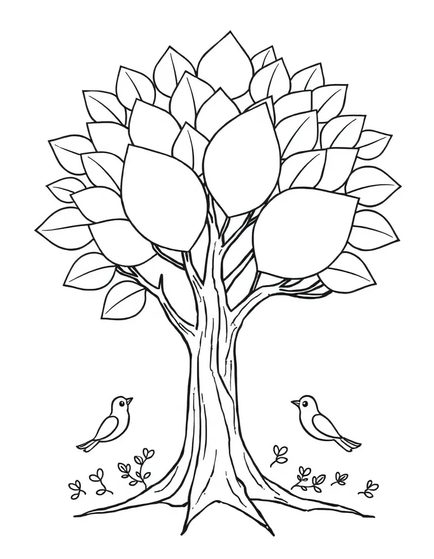 "The kindness tree" coloring page. A tree with blank leaves, each leaf a space for an act of kindness they've seen or done. Include birds. Black and white line art.