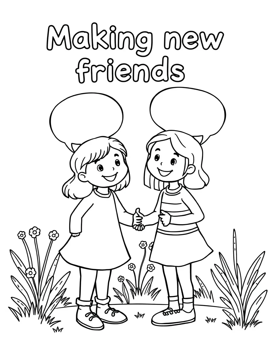 "Making new friends" coloring page. Two new friends meeting, with blank speech bubbles to introduce themselves or say something kind. Include a happy setting. Black and white line art.