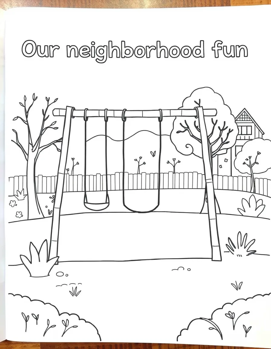 "Our neighborhood fun" coloring page. A park scene with blank equipment (e.g., swing, slide) and spaces to write about neighborhood activities. Black and white line art.