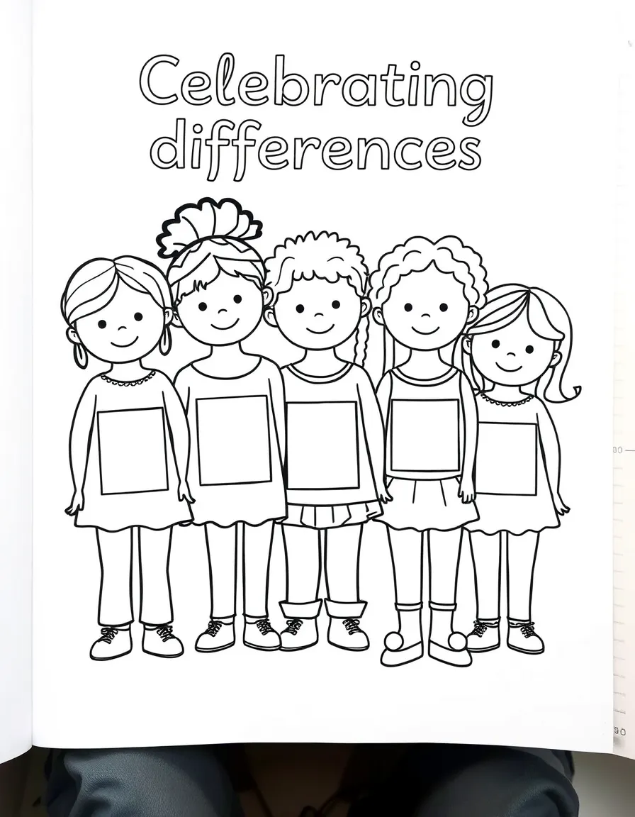 "Celebrating differences" coloring page. A group of diverse children or shapes, each with a blank space for what makes them unique and special. Black and white line art.