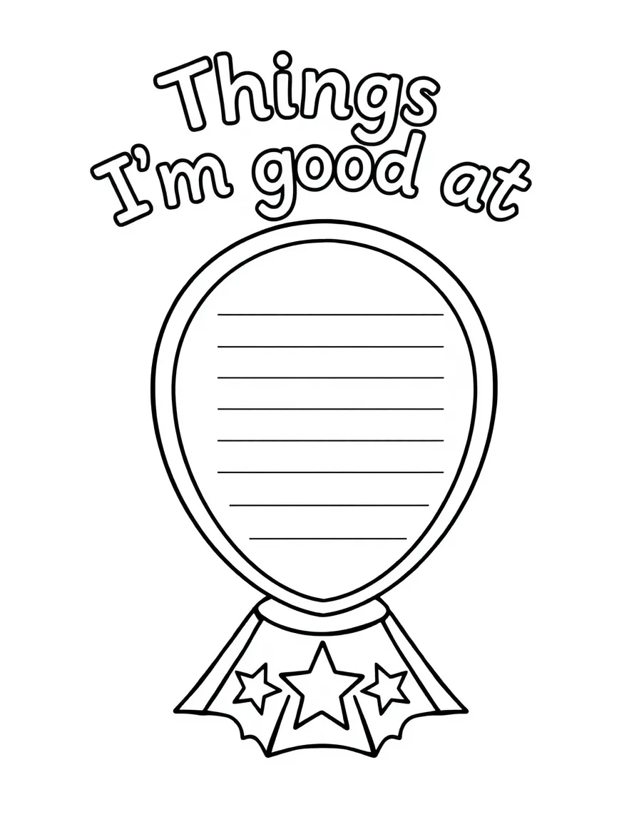 "Things I'm good at" coloring page. A trophy or medal outline with blank lines for skills and talents. Include stars. Black and white line art.