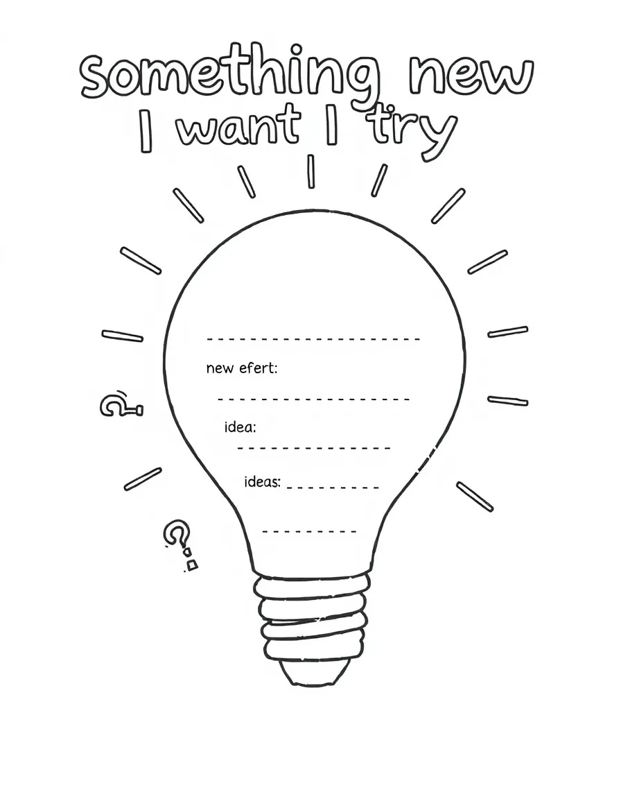 "Something new I want to try" coloring page. A blank 'idea' lightbulb with spaces to write about new experiences. Include question marks. Black and white line art.