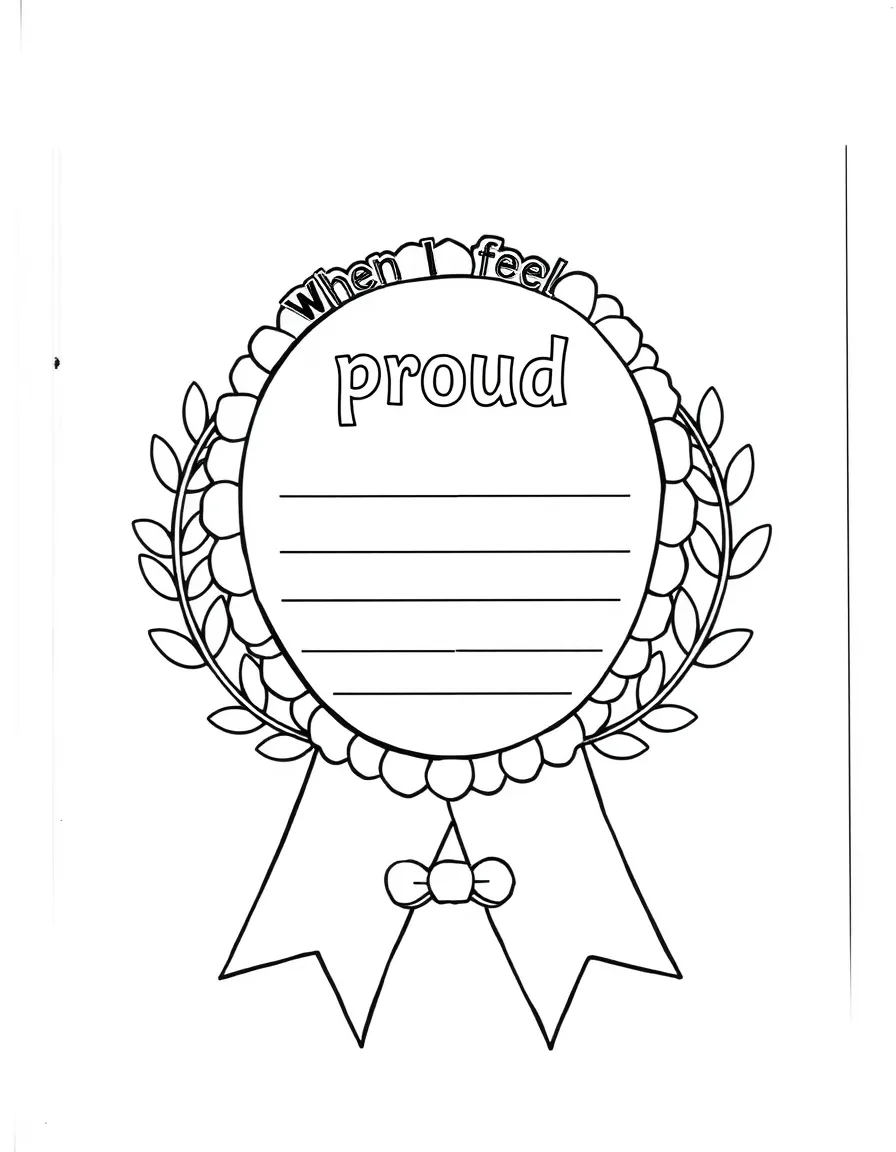 "When I feel proud" coloring page. A blank ribbon or certificate with spaces to describe proud moments. Include a laurel wreath. Black and white line art.