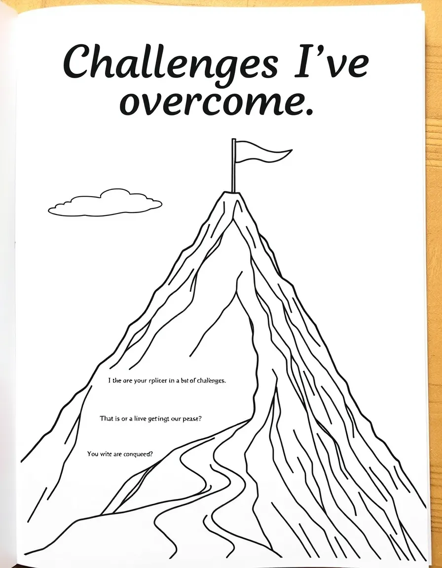 "Challenges I've overcome" coloring page. A mountain peak with a flag, and blank spaces to write about challenges conquered. Include a path. Black and white line art.