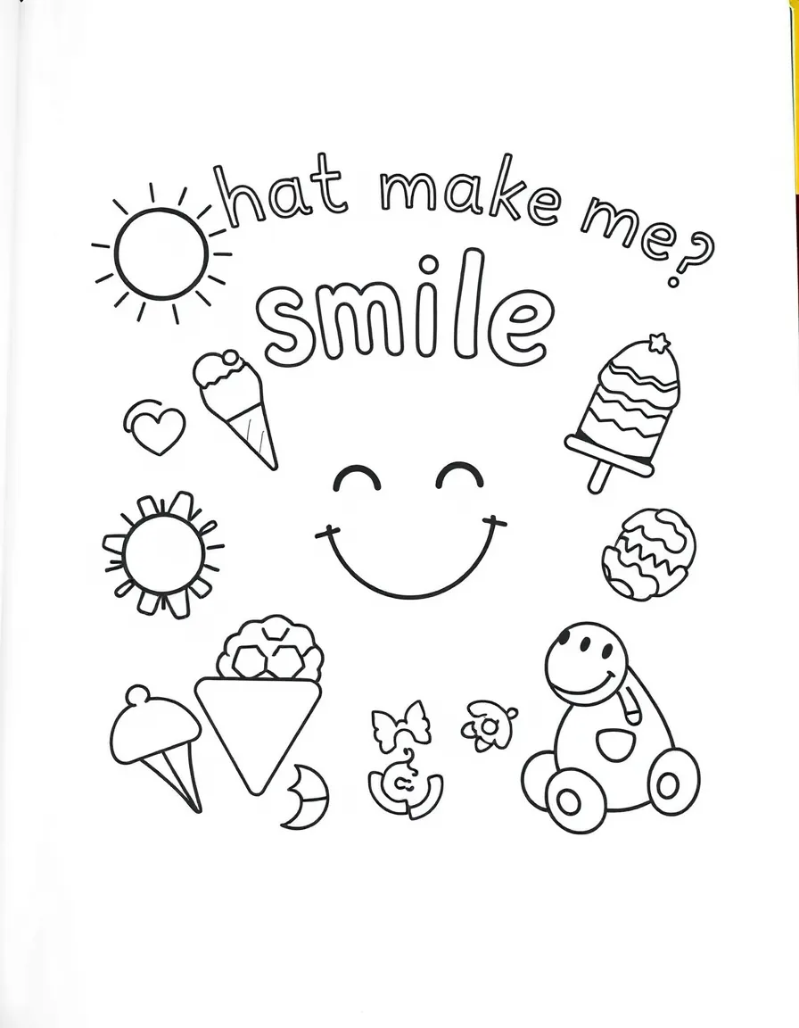 "What makes me smile" coloring page. A collection of happy icons (e.g., sun, ice cream, toy) with blank lines for personalization. Include a smiling face. Black and white line art.