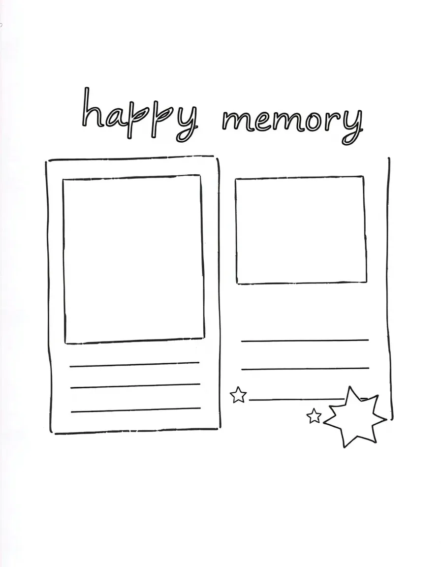 "My happy memory" coloring page. A blank photo album or frame, with spaces to draw or write about a cherished memory. Include stars. Black and white line art.