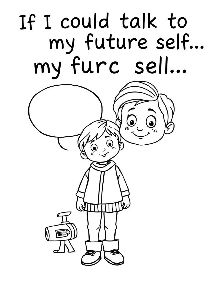 "If I could talk to my future self..." coloring page. An older version of a child, with a blank speech bubble to write a message. Include a time machine. Black and white line art.