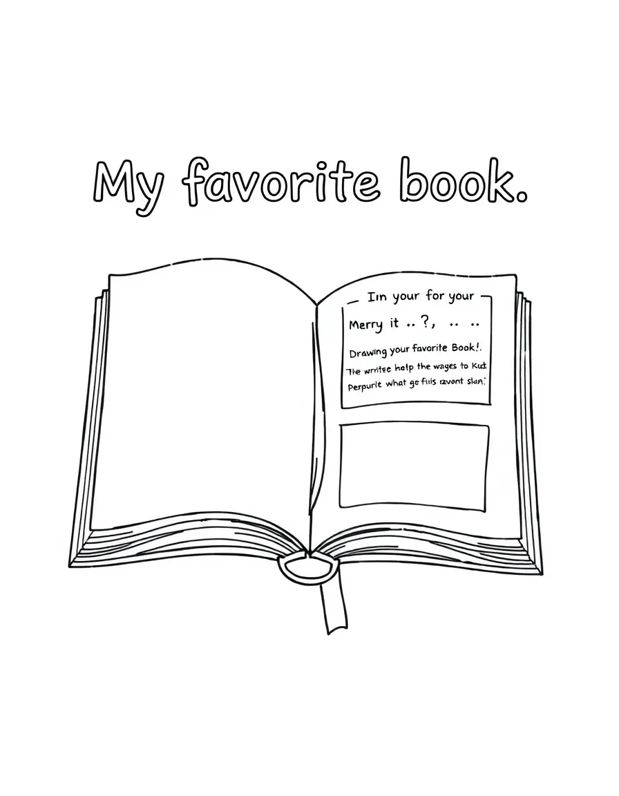 "My favorite book" coloring page. An open book with blank pages, and spaces to draw a scene or write about a favorite book. Include a bookmark. Black and white line art.