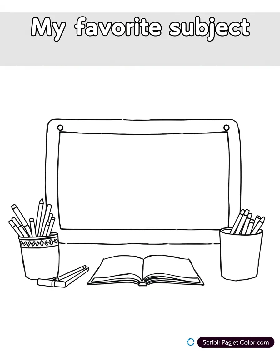 "My favorite subject in school" coloring page. A blackboard or textbook, with blank spaces to draw or write about a favorite subject. Include school supplies. Black and white line art.