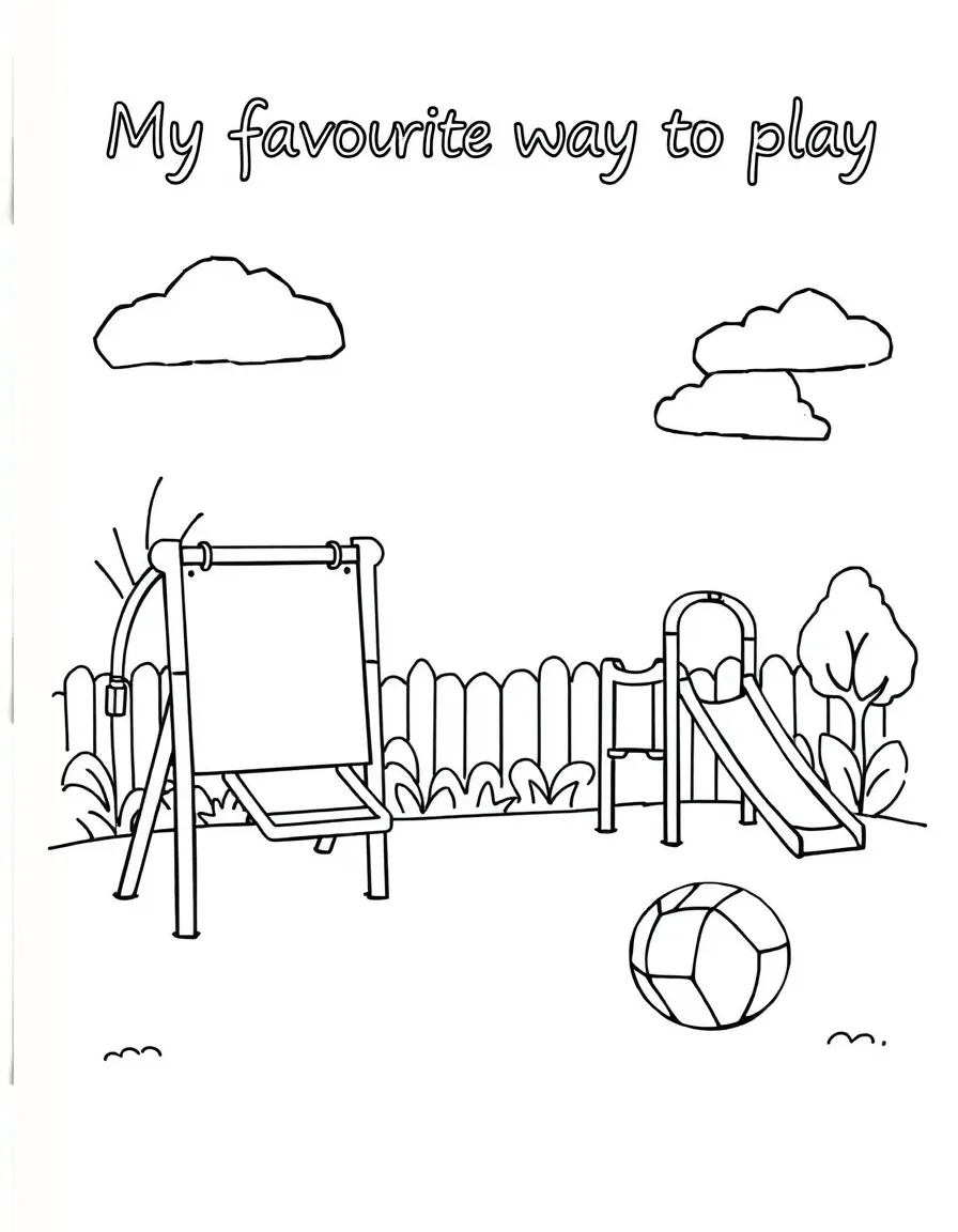 "My favorite way to play" coloring page. A playground scene with blank equipment, and spaces to draw or write about favorite games. Include a ball. Black and white line art.