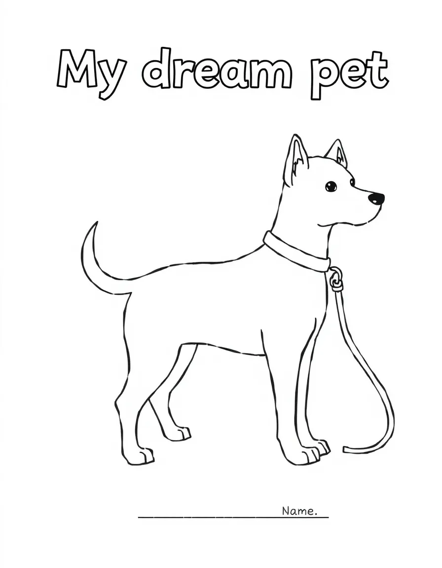 "My dream pet" coloring page. A blank animal outline (real or imaginary) with space to draw features and name it. Include a leash or collar. Black and white line art.