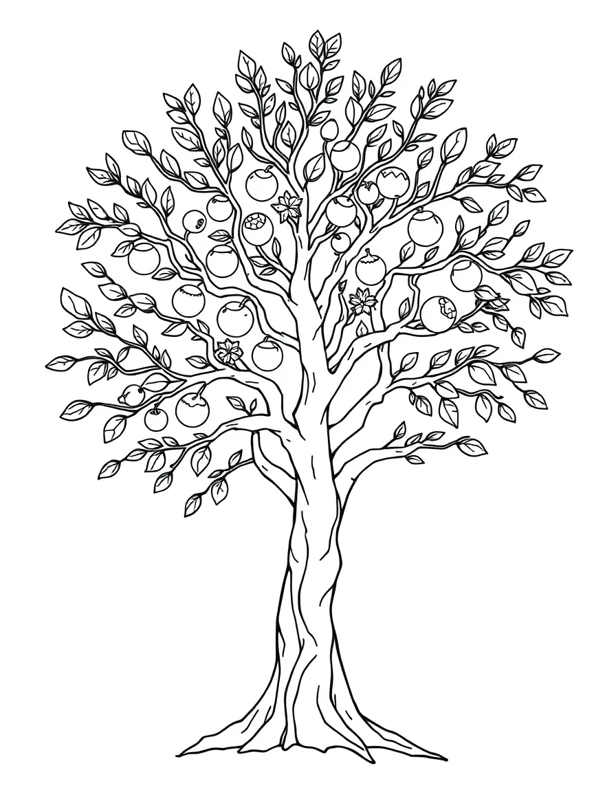 "My magical tree" coloring page. A blank tree with branches, and spaces to draw magical fruits, leaves, or creatures. Include glowing elements. Black and white line art.