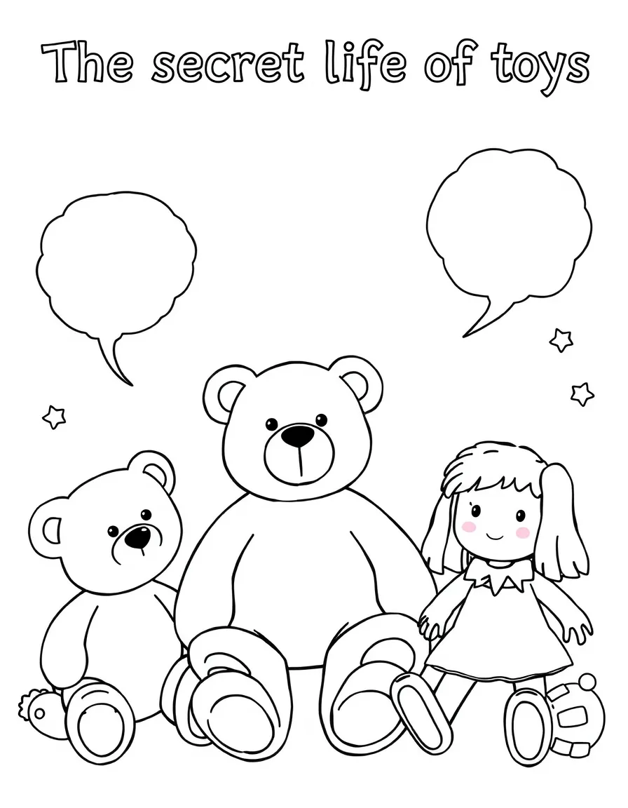 "The secret life of toys" coloring page. Outlines of toys (e.g., teddy bear, doll) with blank speech bubbles or thought bubbles. Include playful patterns. Black and white line art.