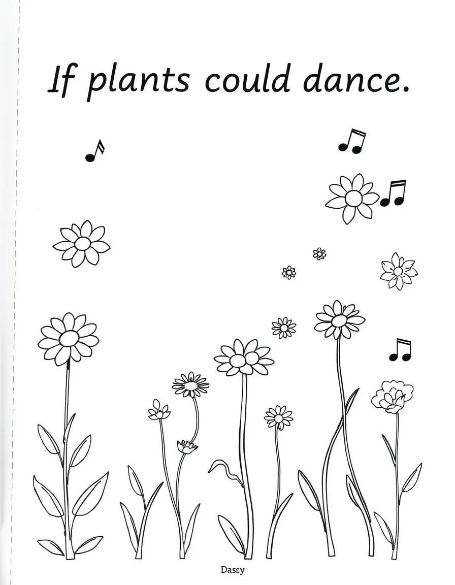 "If plants could dance" coloring page. Outlines of dancing flowers or trees, with blank spaces to imagine their movements. Include musical notes. Black and white line art.