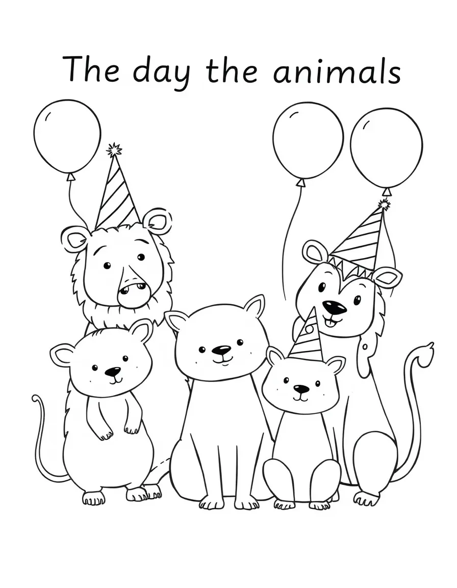 "The day the animals had a party" coloring page. Outlines of animals wearing party hats, with blank spaces to draw party details. Include balloons. Black and white line art.