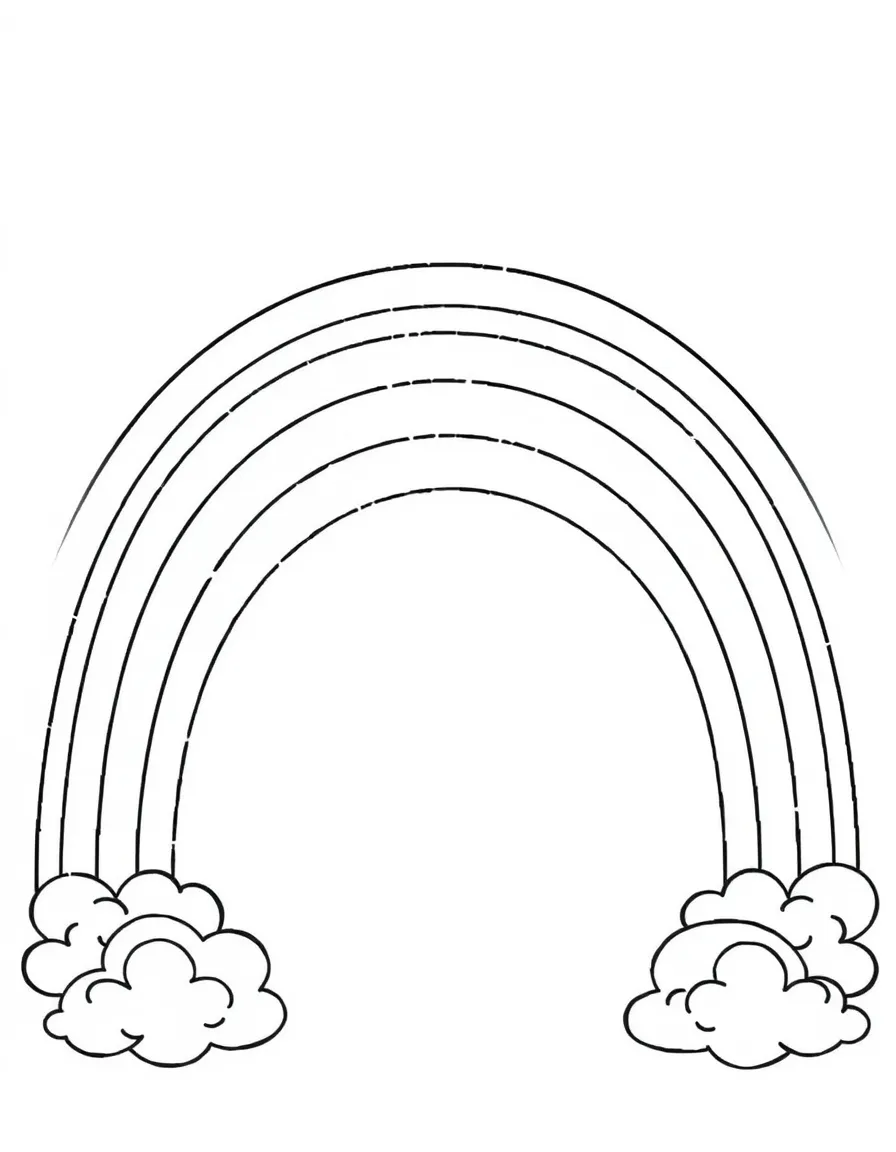 "My personal rainbow" coloring page. A large blank rainbow arch, with spaces to fill each band with a color and what it represents. Include clouds. Black and white line art.